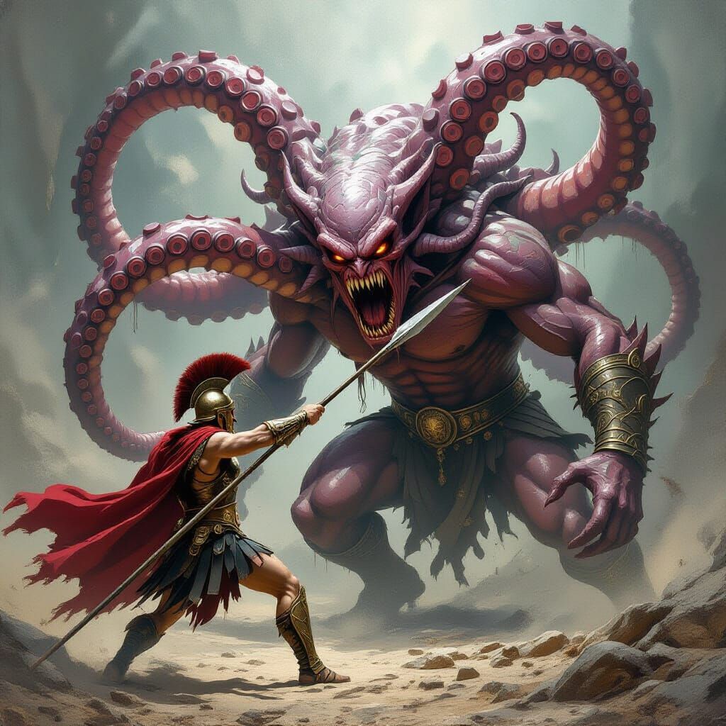 Greek Warrior Battles Tentacle Monster in Dark Fantasy Style