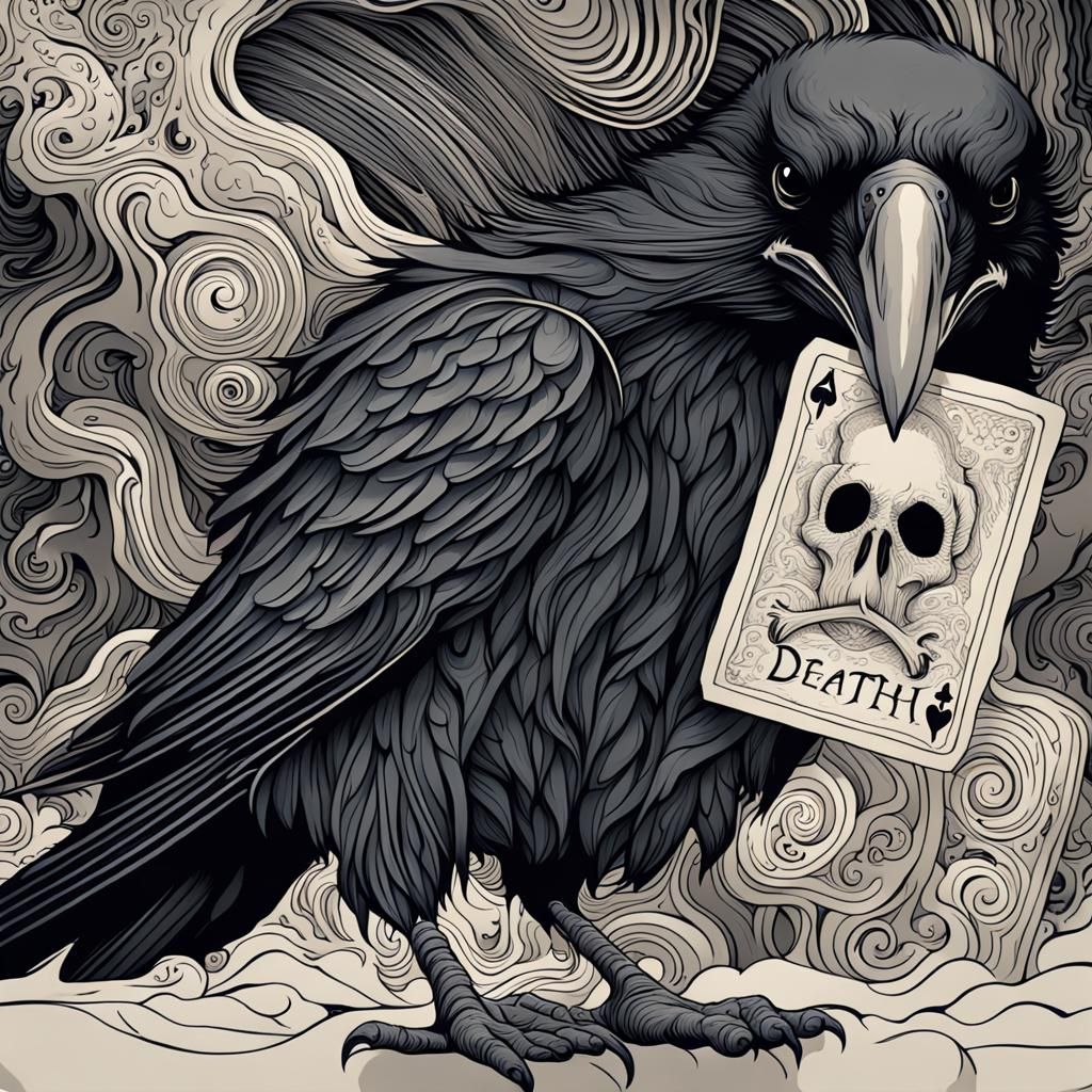Raven with Death Card: Dark Fantasy Illustration