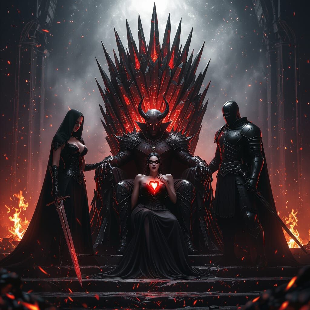 Devil and Dark Knight in Fiery Fantasy Throne Room