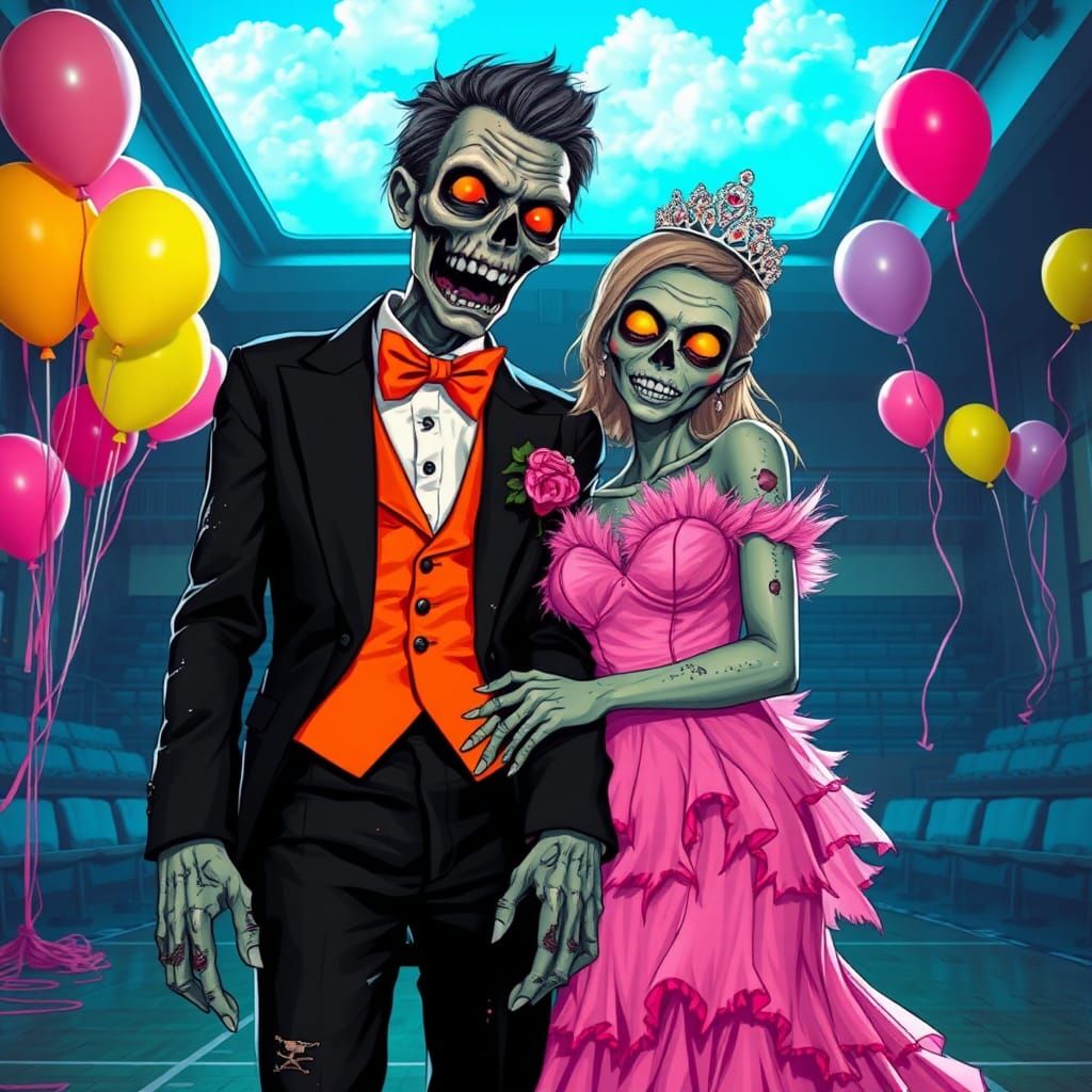 Zombie Prom Couple in Retro-Futuristic Style