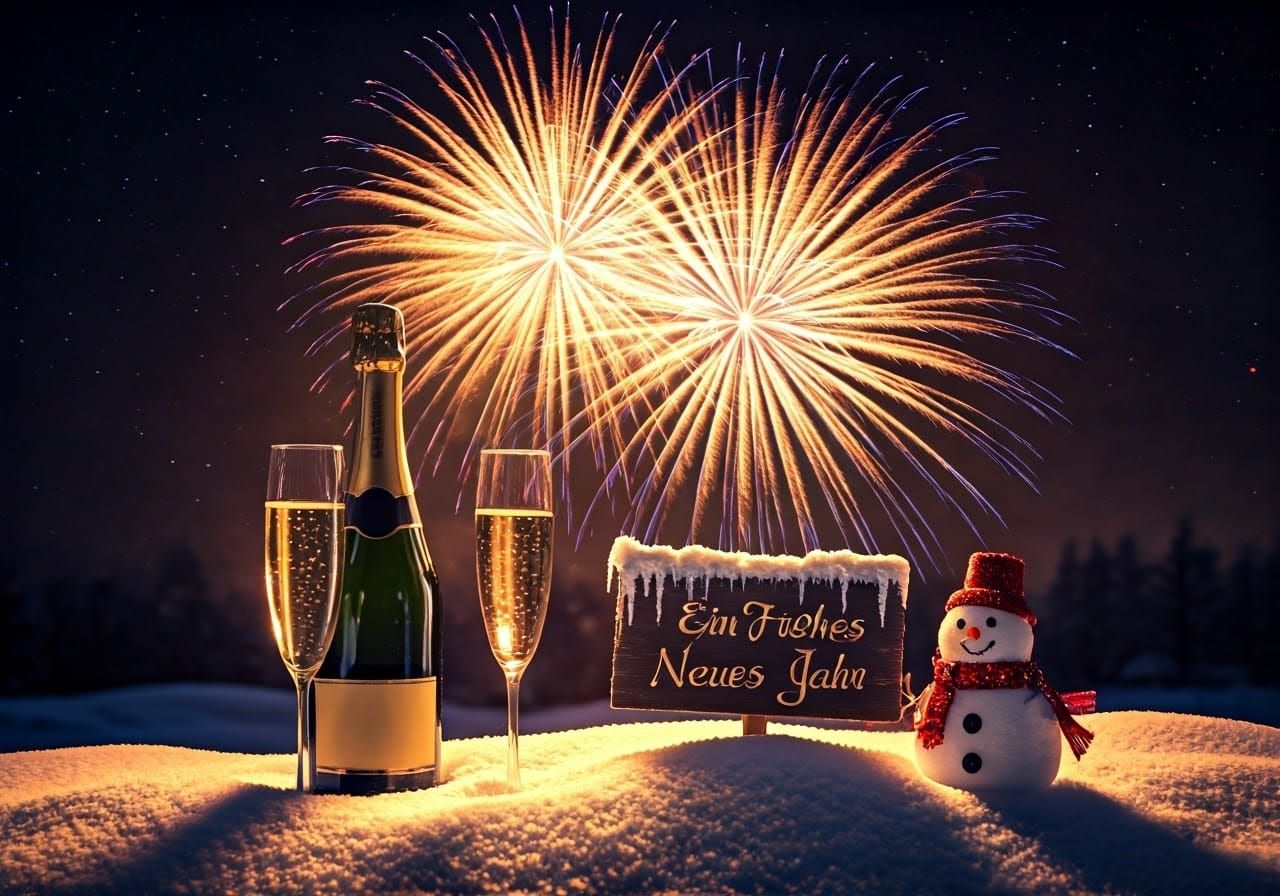 Frohes Neues Jahr: Vibrant Fireworks Celebration in Snowy La...
