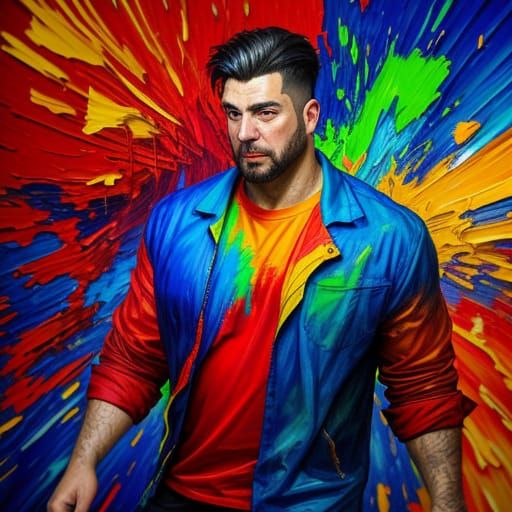 Neo-Impressionist Man Watches Glowing Screen in Chaotic Stud...