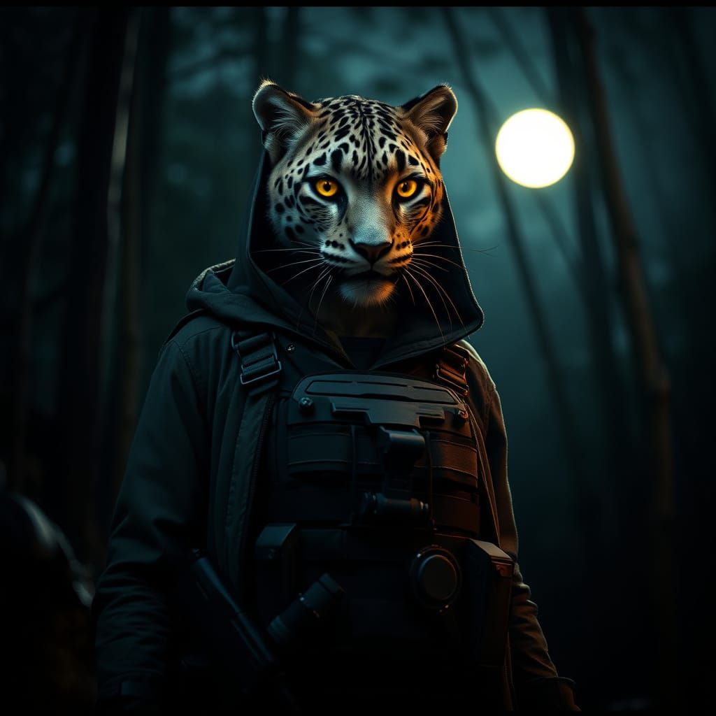 Snow Leopard Vampire Soldier in Amazonian Forest