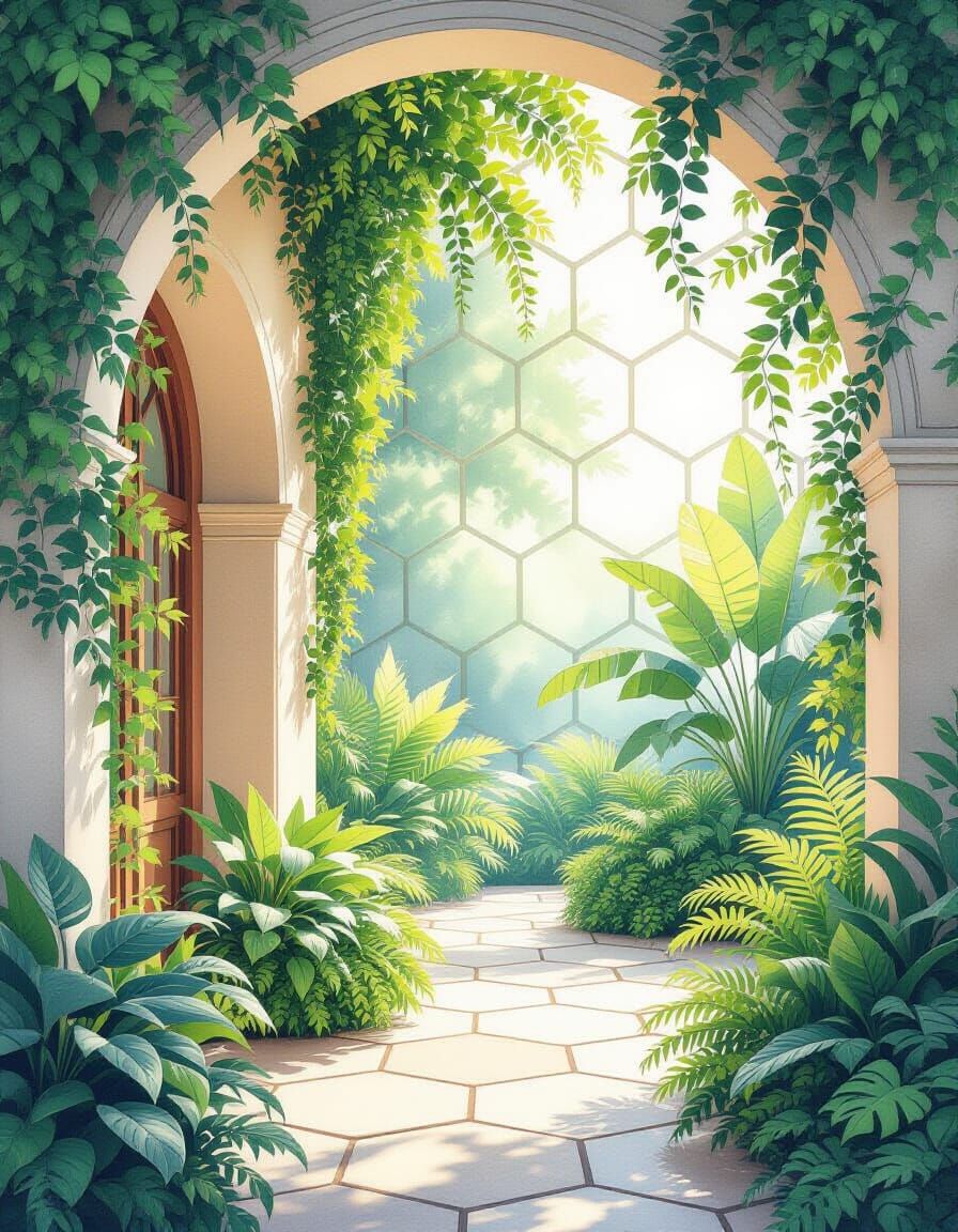 Biophilic Geometric Architecture with Lush Greenery