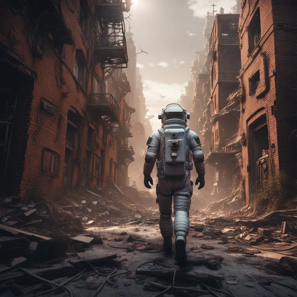 Astronaut in Abandoned Brick City: Detailed Matte Painting