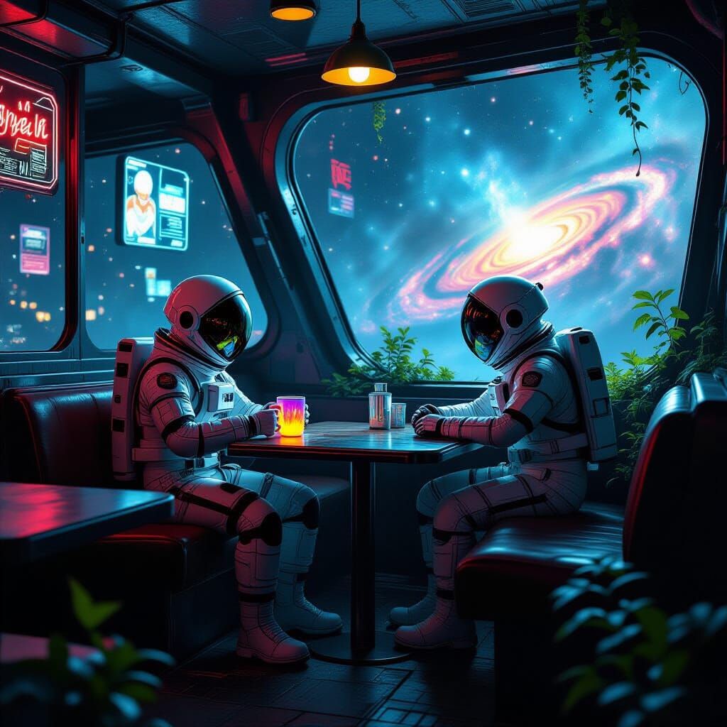 Astronaut in Futuristic Diner on Exoplanet