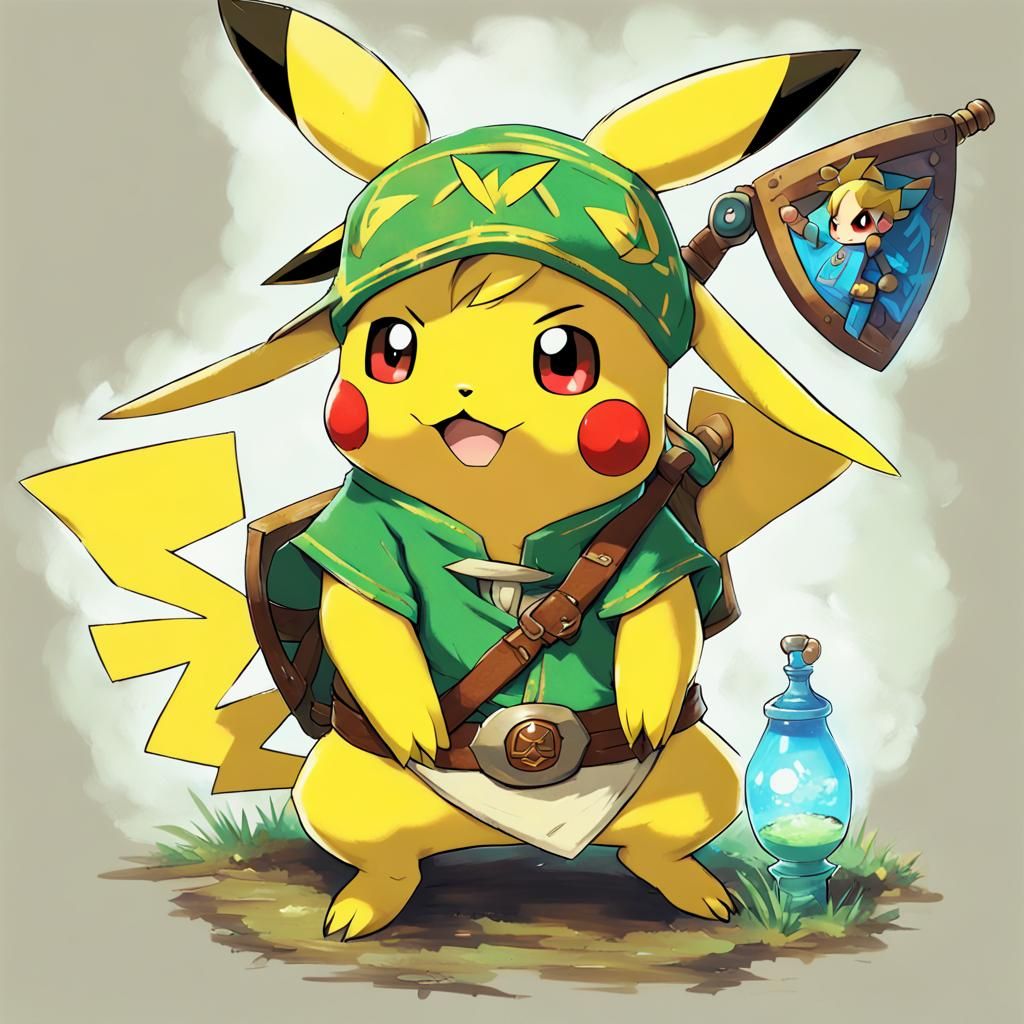Pikachu as Link: Zelda Crossover Art