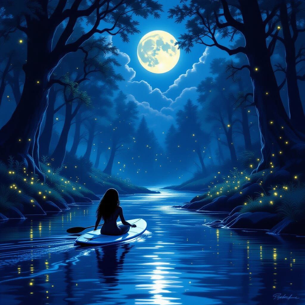 Black Female Surfer in Enchanting Forest Moonlight