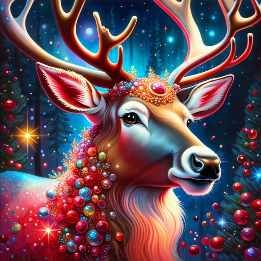 Festive Reindeer Portrait in Oil with Sparkles