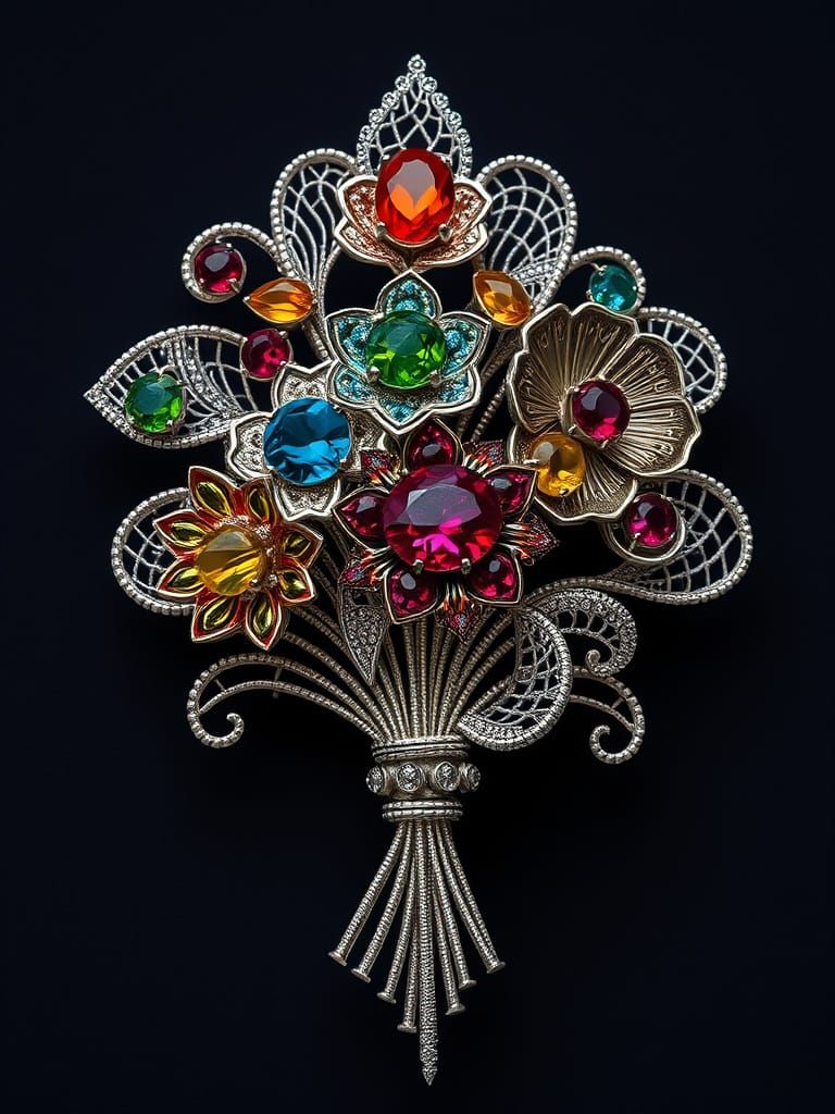 Luxurious Silver Brooch in Art Deco Style Featuring Vibrant ...