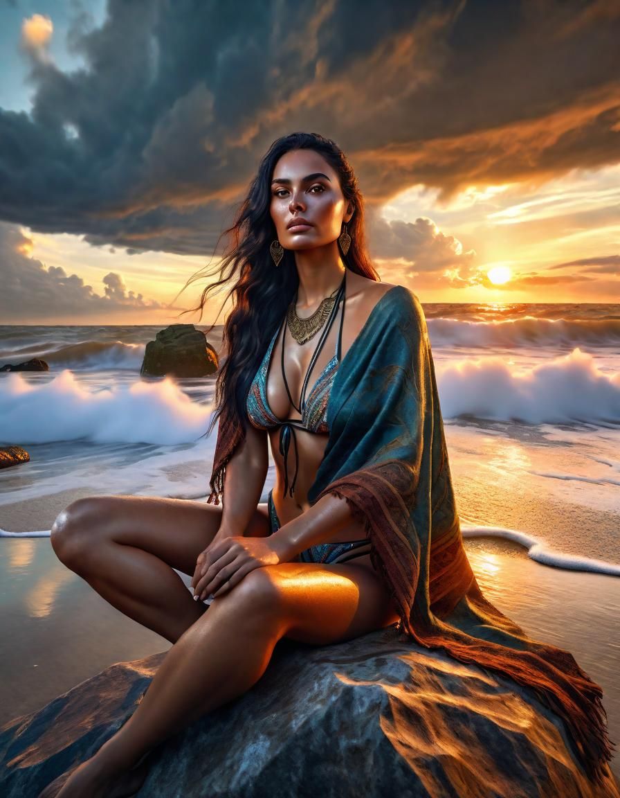 Woman on Beach at Sunset in Renaissance Style