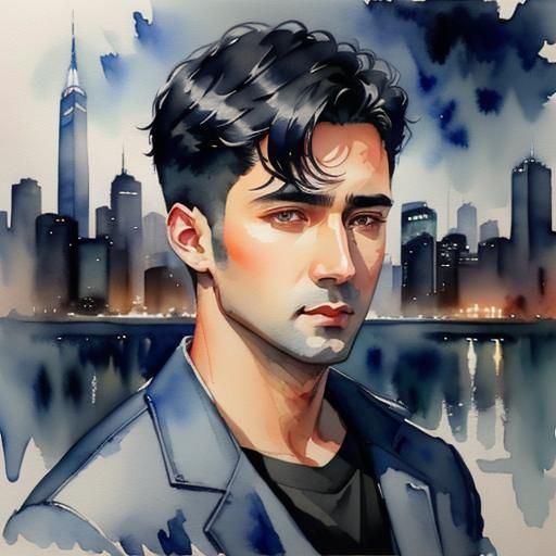 Handsome Man in Moonlight: Watercolor Illustration