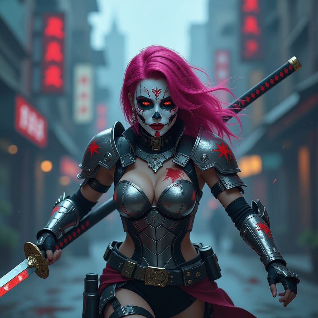 Cyberpunk Warrior with Katana in Dark Metropolis