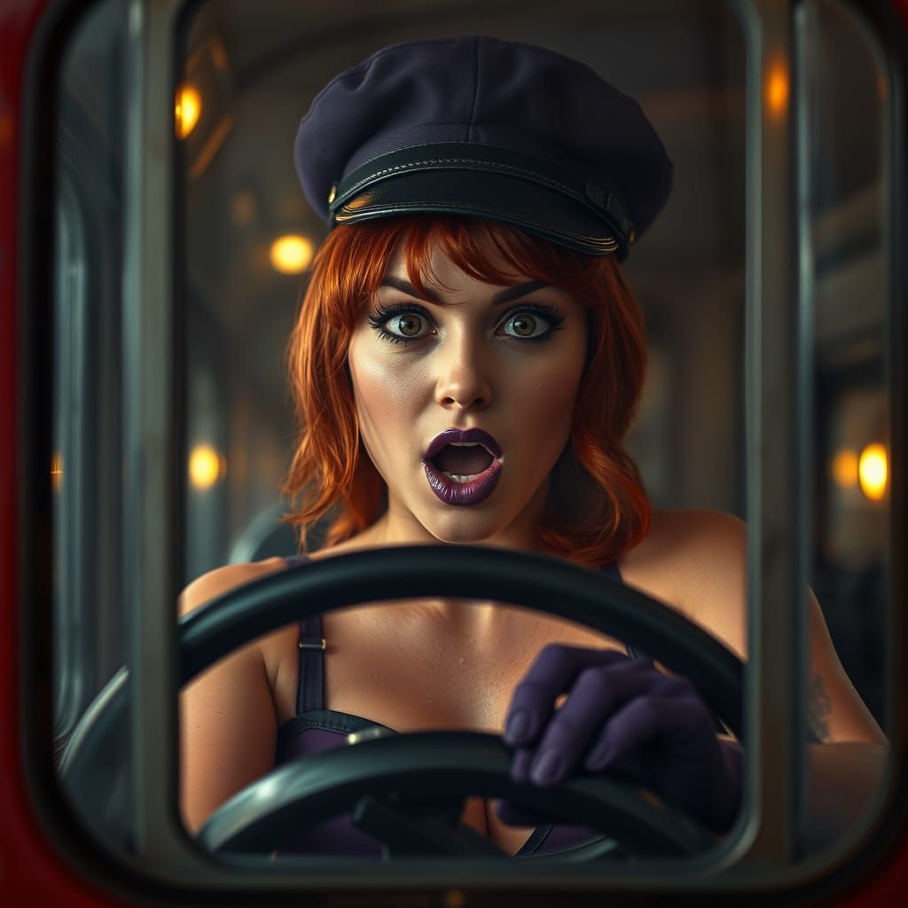 Pin-Up Locomotive Conductor in Hyperrealistic 1970s Crime Fi...