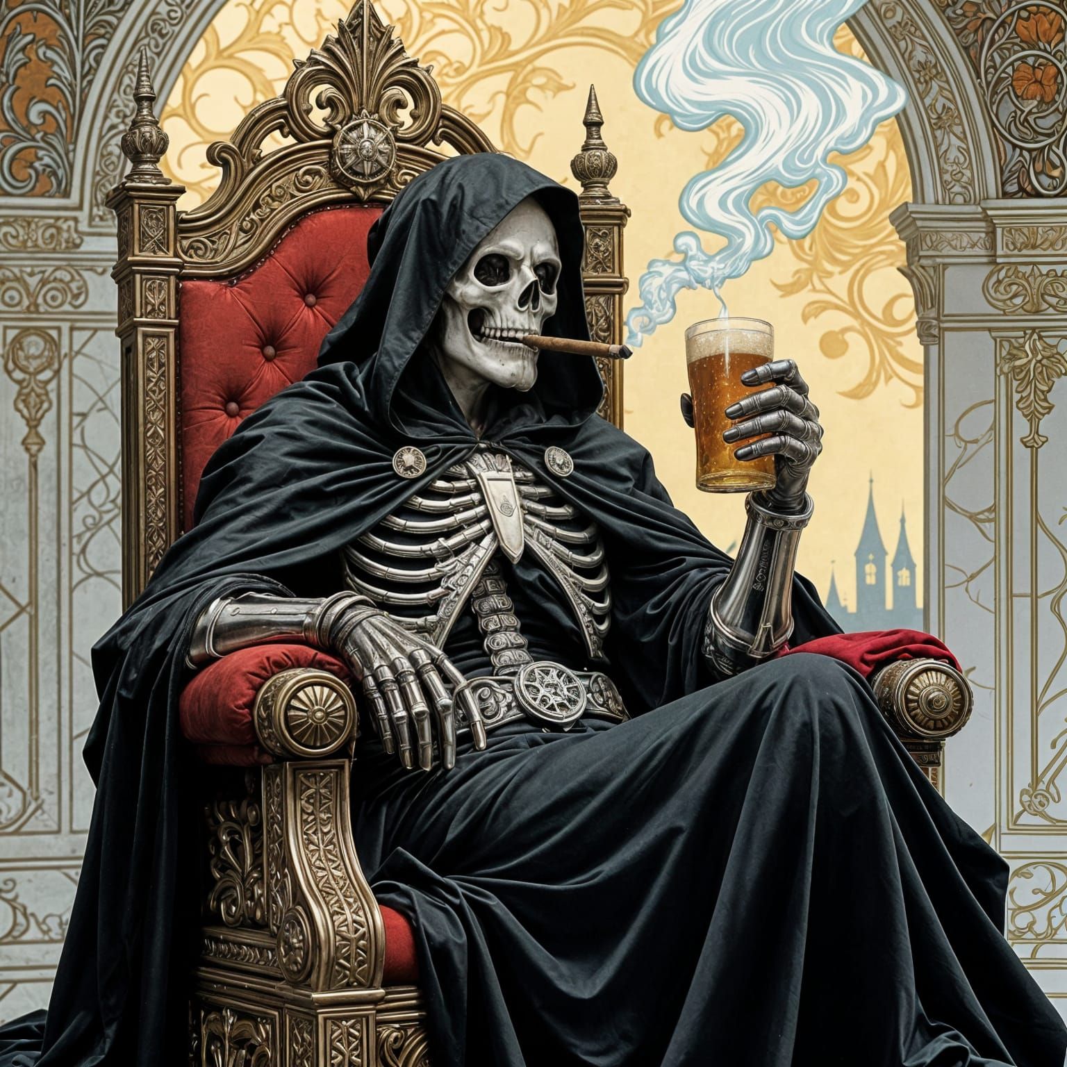 Grim Reaper Relaxing With Beer in Art Nouveau Style