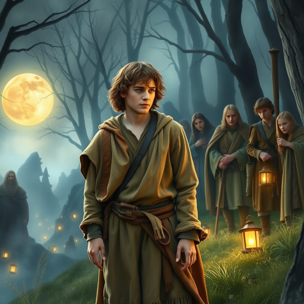 Frodo and the Fellowship in Moonlit Forest