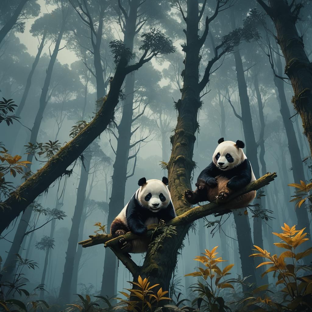 Mystical Pandas Play in Ethereal Forest