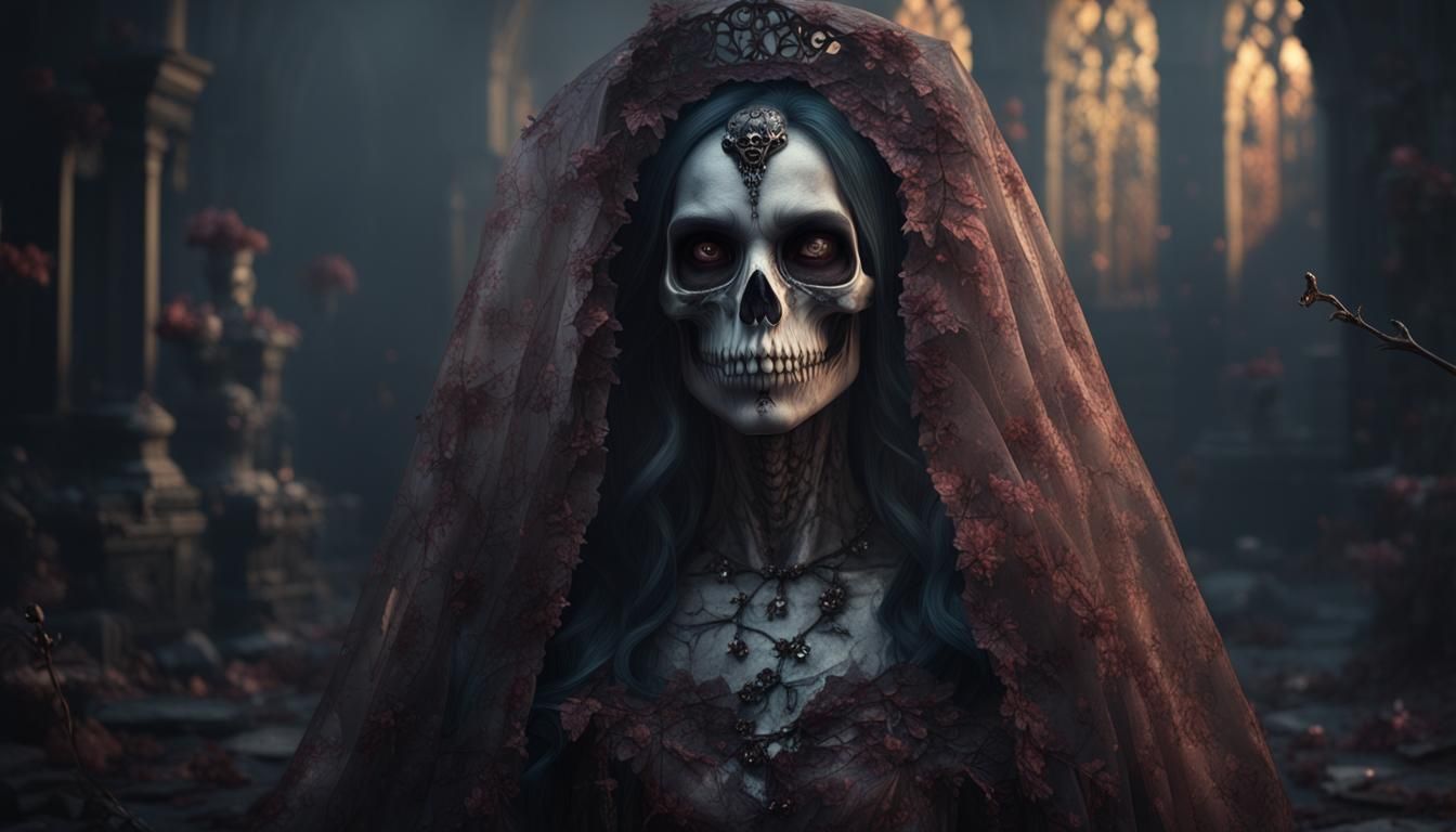 Gothic Dead Bride with Torn Veil and Skull