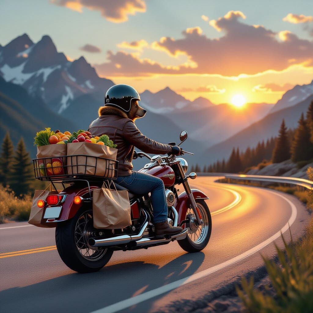 Grizzly Bear Rides Motorcycle Laden With Groceries at Sunset