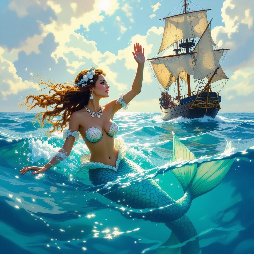 Mermaid Waving to Ship in Realistic Oceanic Scene