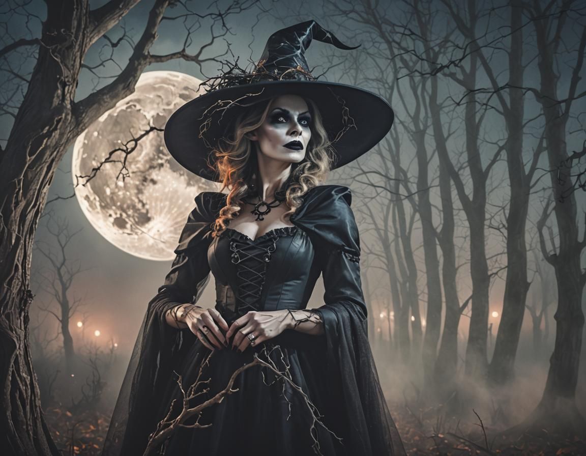 Eerie Halloween Witch in Dark Fantasy Landscape