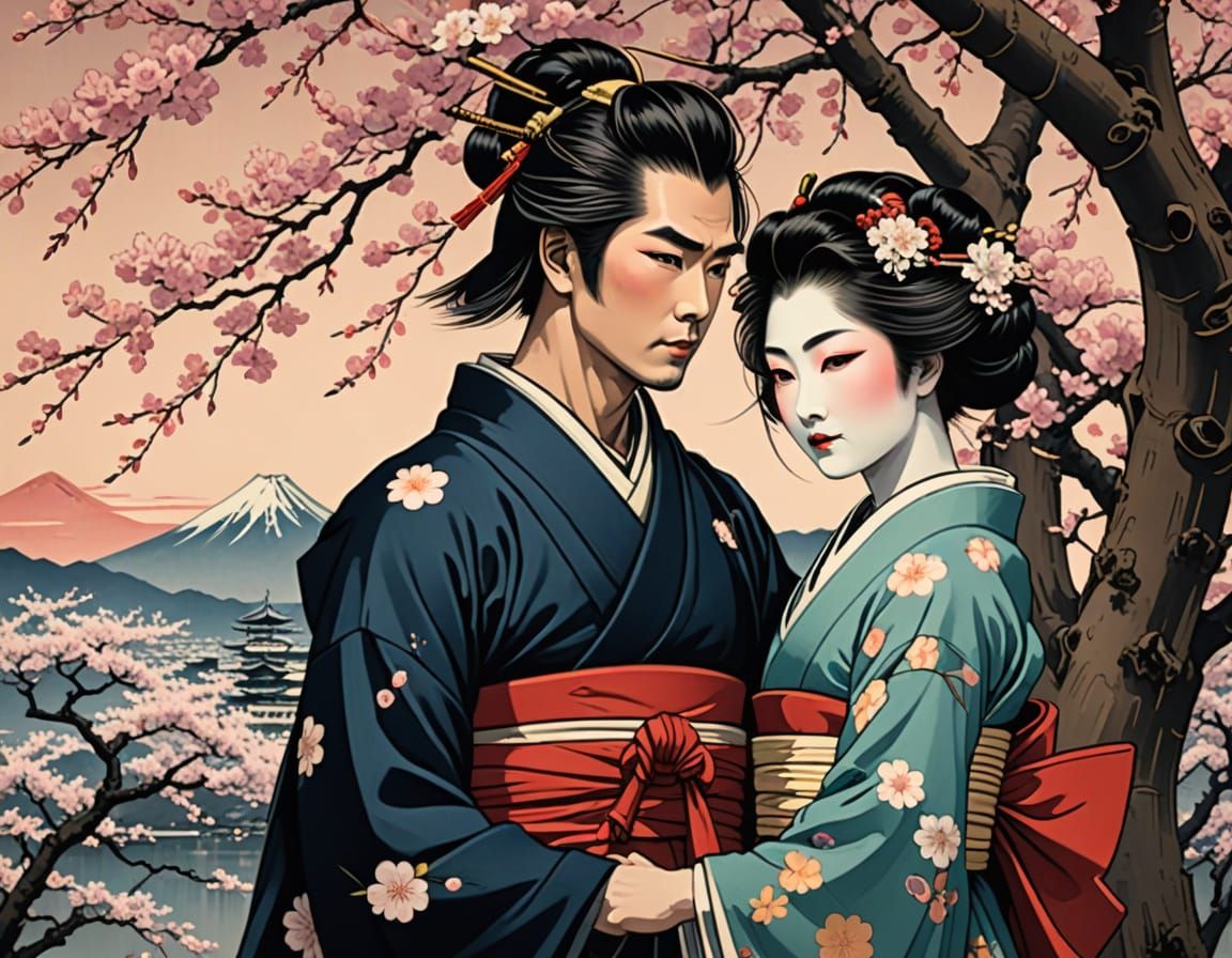 Romantic Cherry Blossom Ukiyo-e Art of a Geisha and Samurai