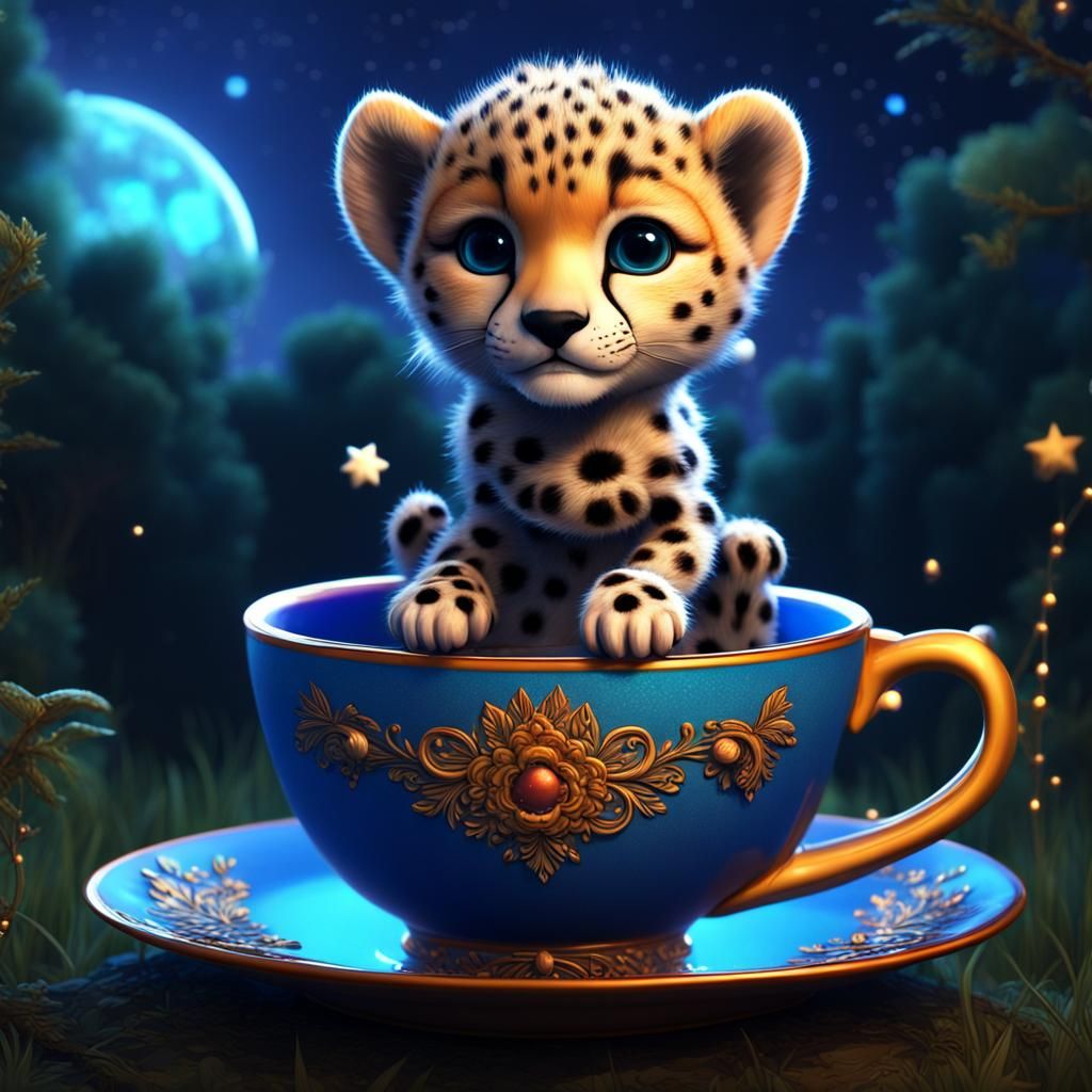 Rainbow Spotted Cheetah Cub in Teacup