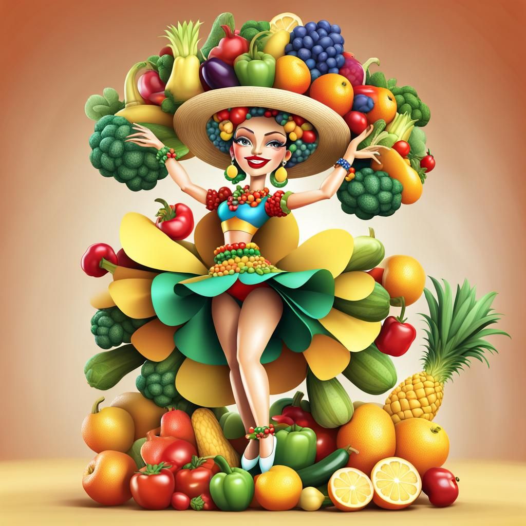 Carmen Miranda and her trademark hat with Chibi fruits and vegetables