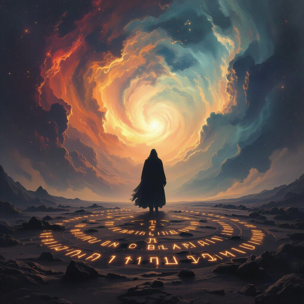 Figure Silhouetted Against Swirling Nebula with Glowing Rune...