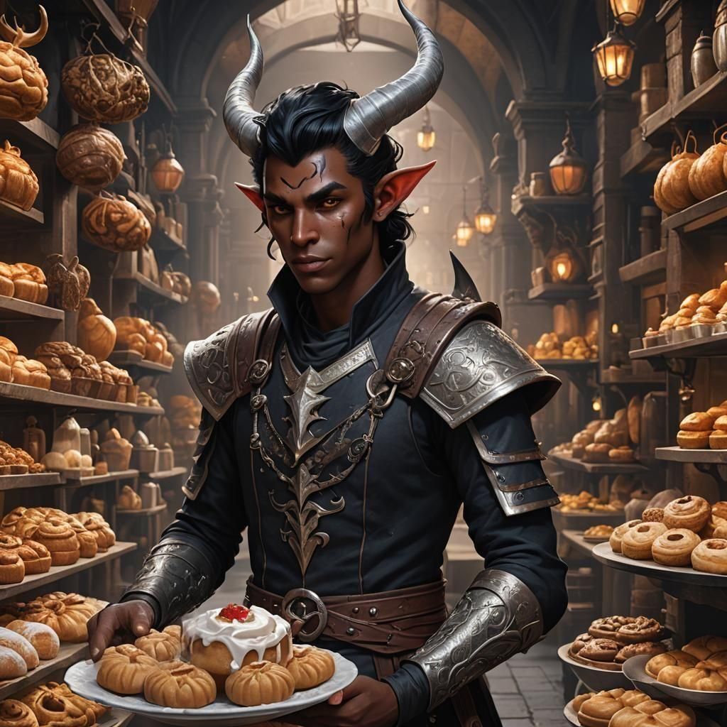 Tiefling Store Keeper in a Fantasy Bakery