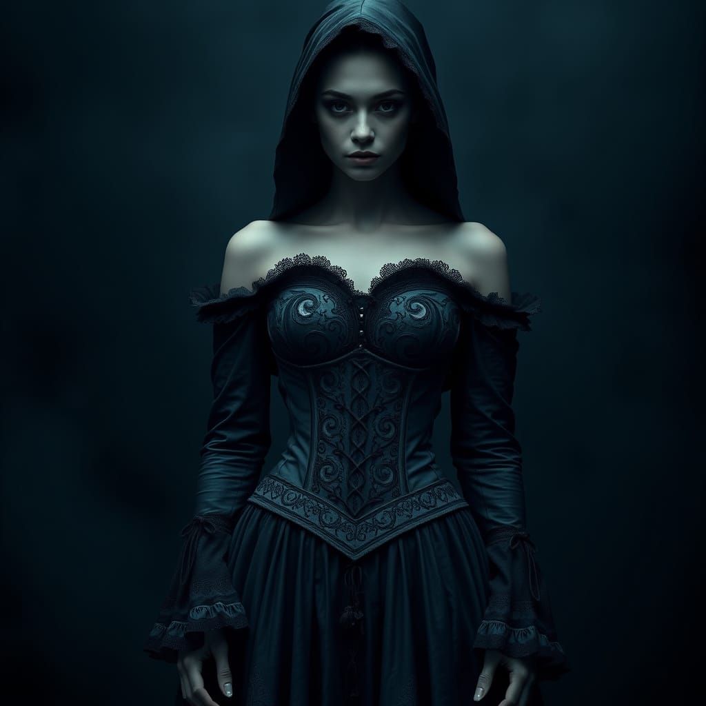 Mysterious Sorceress in Victorian-Era Gothic Corset Dress