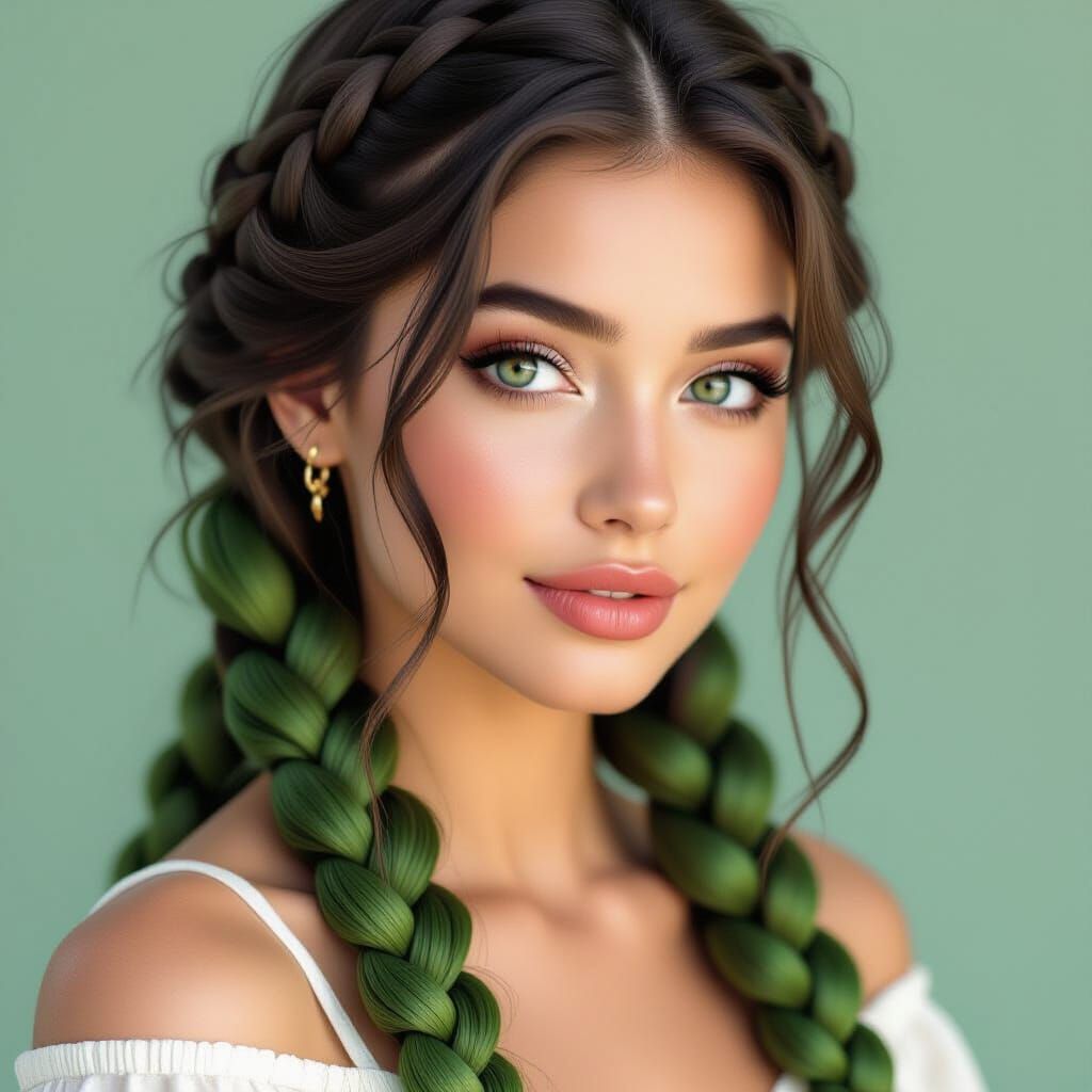 Hyperrealistic Portrait of Woman with Green Braided Hair
