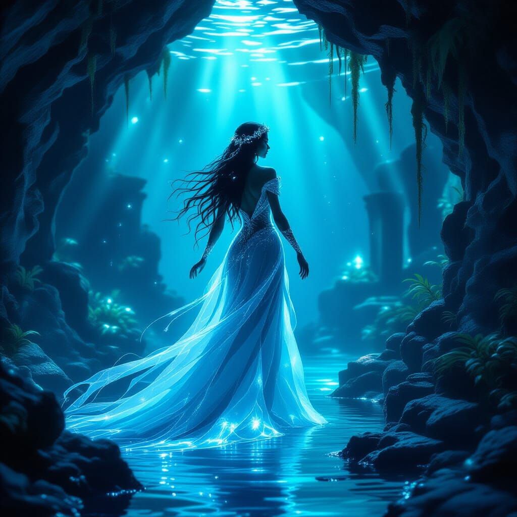 Majestic Water Spirit Emerges From Bioluminescent Grotto