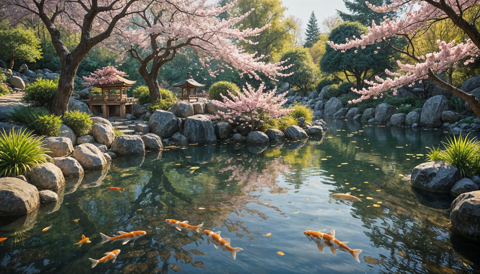Neoimpressionist Japanese Garden with Cherry Blossoms