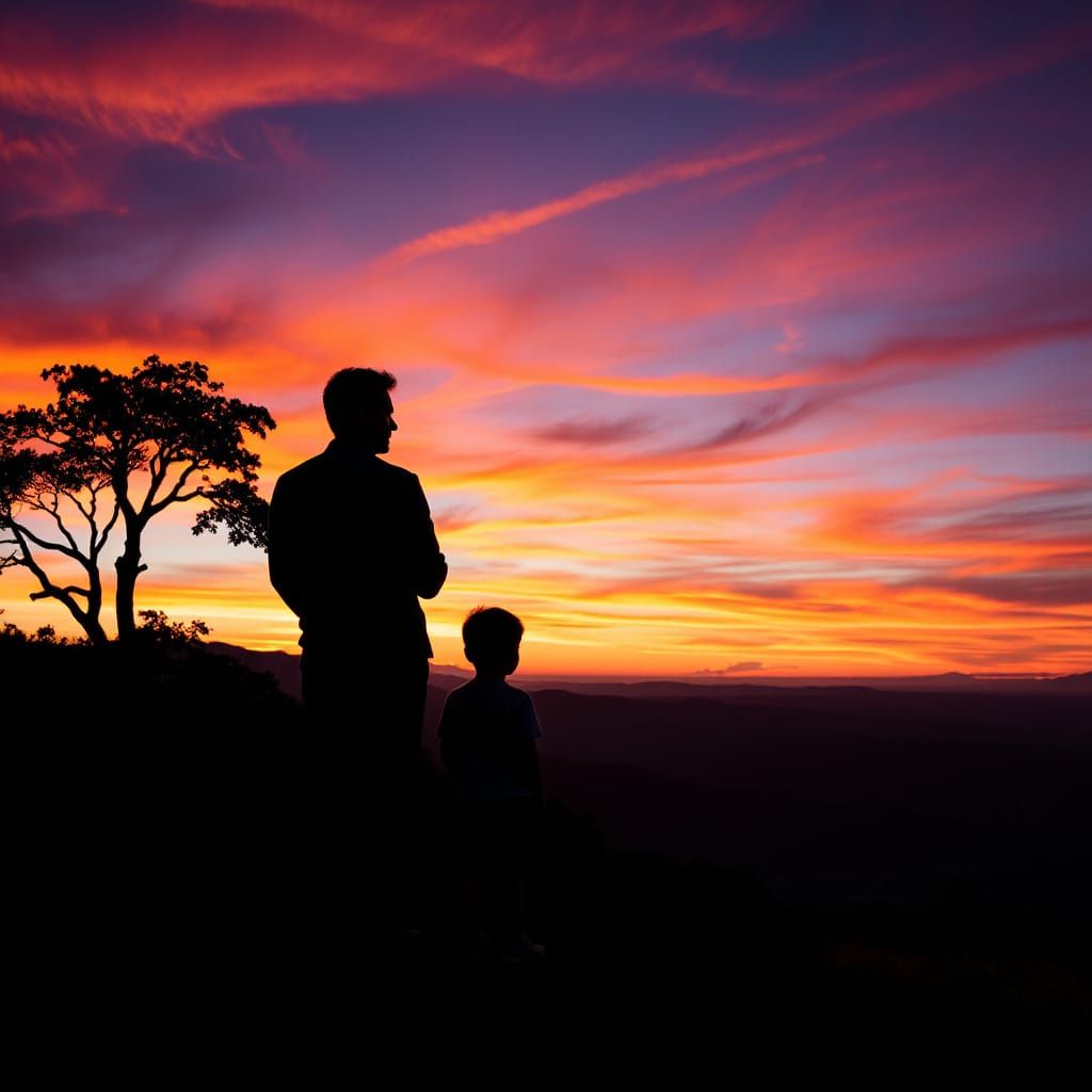 Father and Son Silhouette at Sunset in Art Style