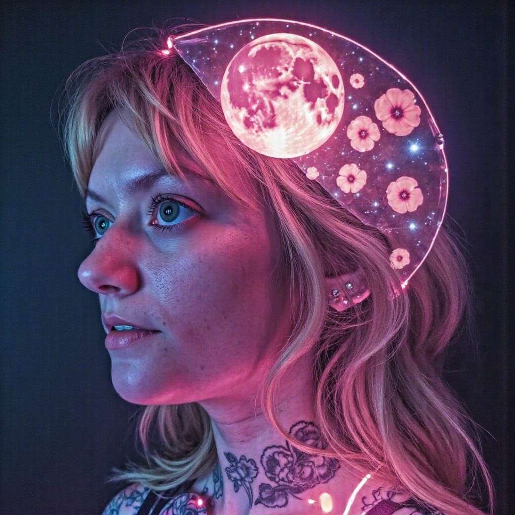 Surreal Digital Art of Cool Blonde Woman with Neon Garden