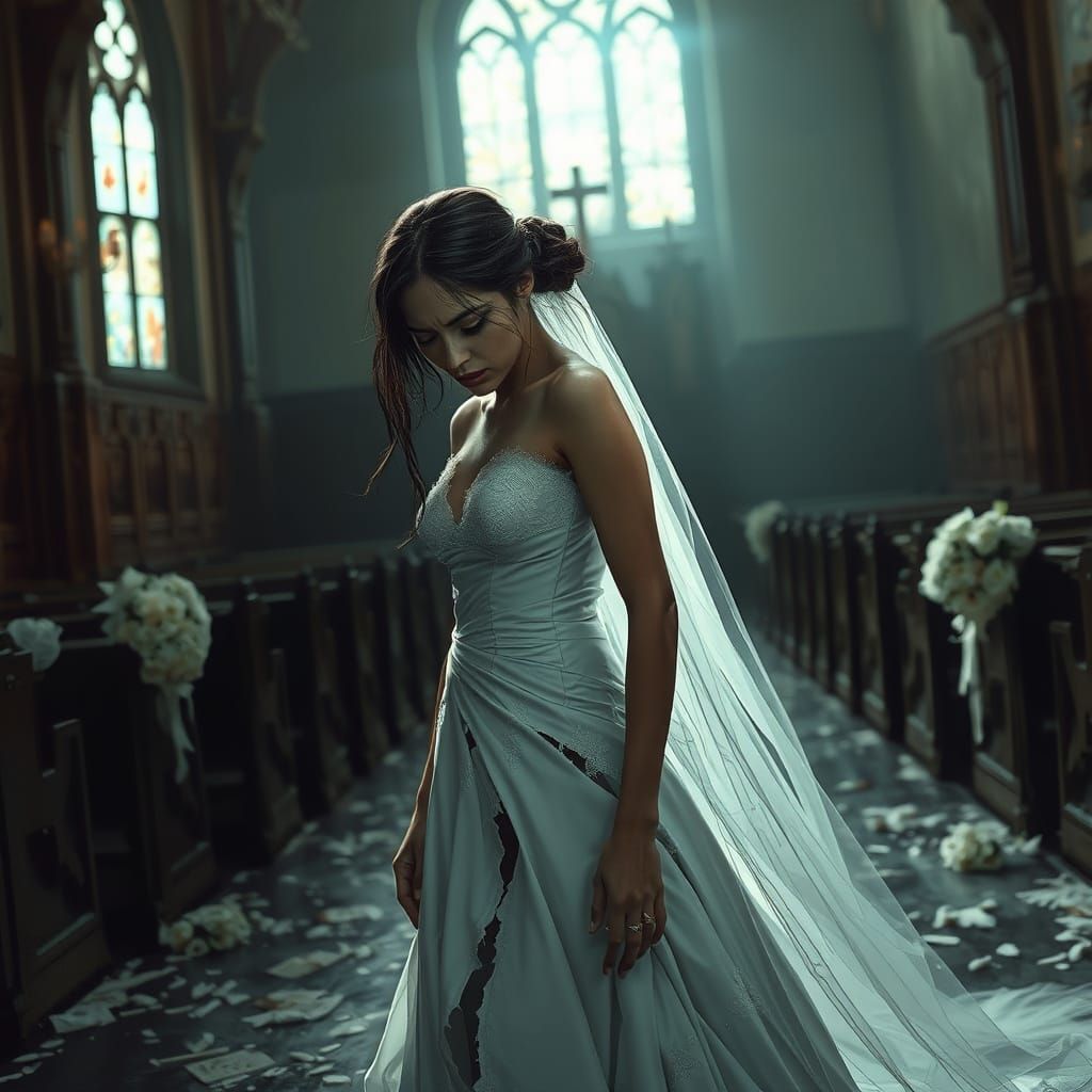 Distressed Bride in a Haunting Church Setting