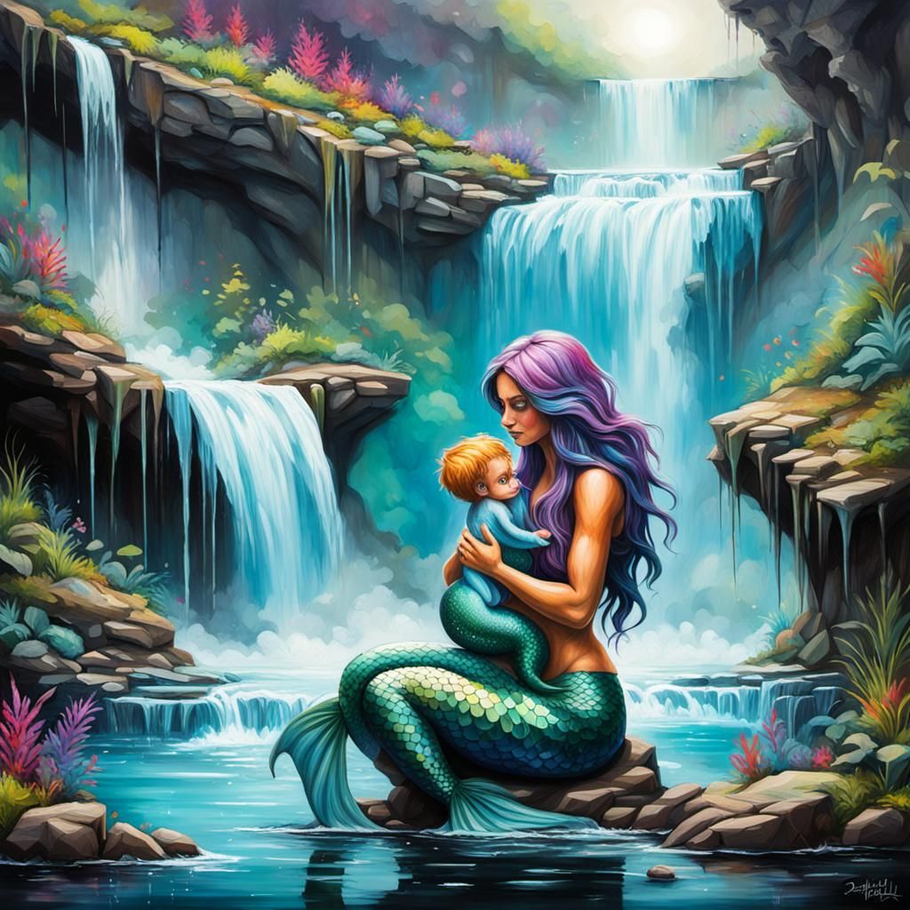 Mermaid Mother and Son Waterfall Graffiti Art