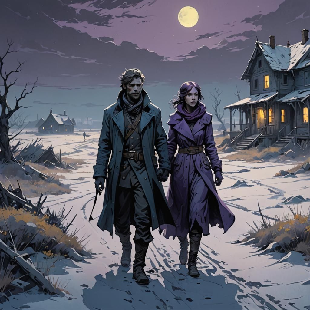 Eerie Couple in Frosty Landscape, Alphonse Mucha Style