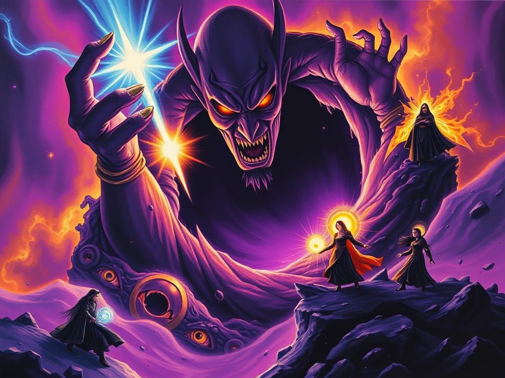 Heroes Versus Void God in Surreal Dreamscape