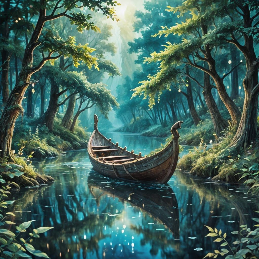 Ancient Crystal Viking Ship Glides on Shimmering Forest Lake...