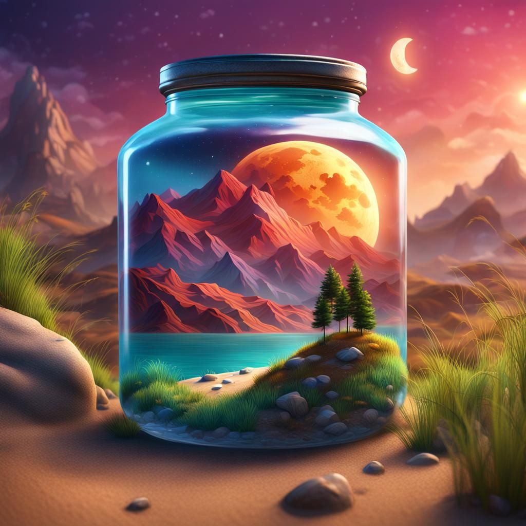 Colorful Jar Holding Miniature World: Matte Painting