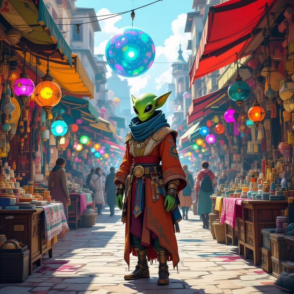 Vibrant Alien Merchant in a Bustling Sci-Fi Marketplace