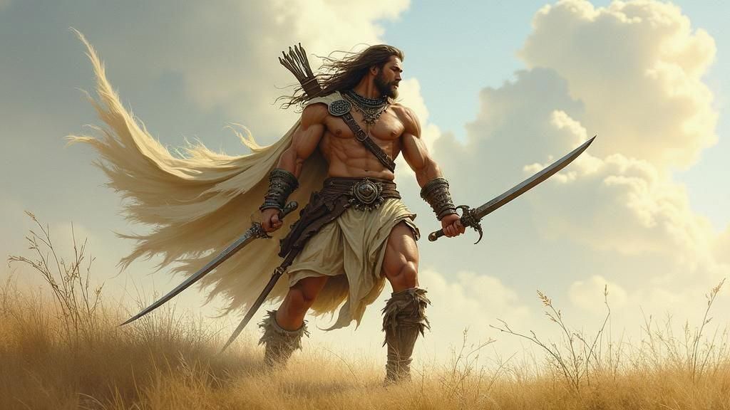 Swordsman with Magic in Grassy Field