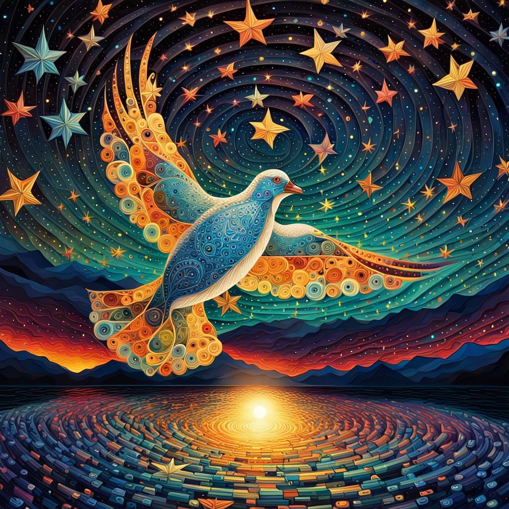 Dove in Bioluminescent Starry Sky, Iridescent Digital Art