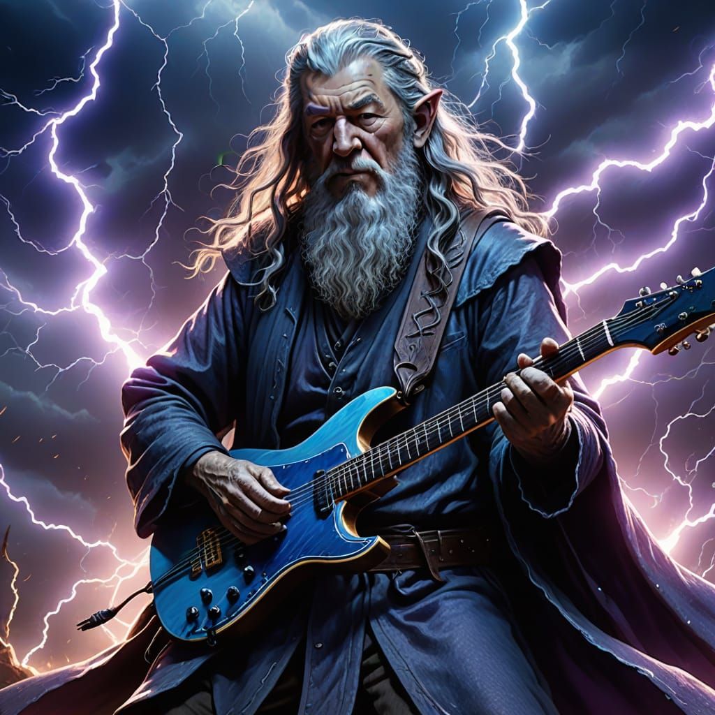 Gandalf Plays Electric Guitar with Lightning: Fantasy Art
