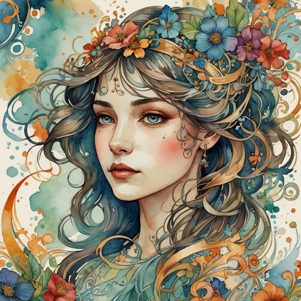 Ornate Typography Portrait in Watercolor Splash Art Style