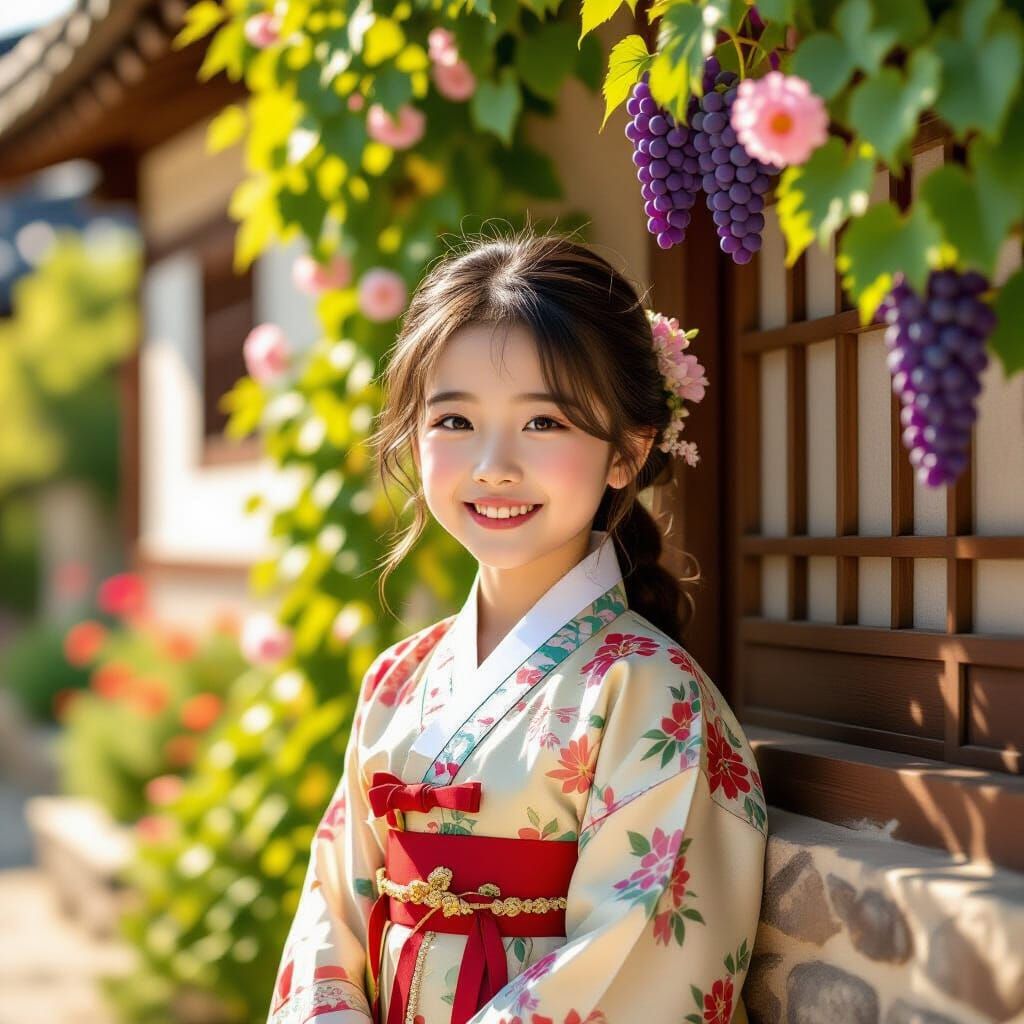 Korean Girl in Hanbok with Lush Greenery