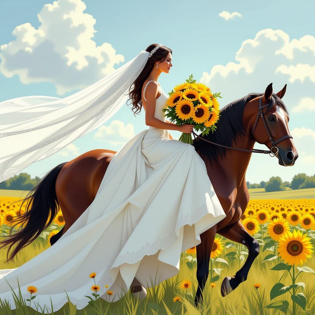 Bride on Horseback with Sunflowers in Comic Style
