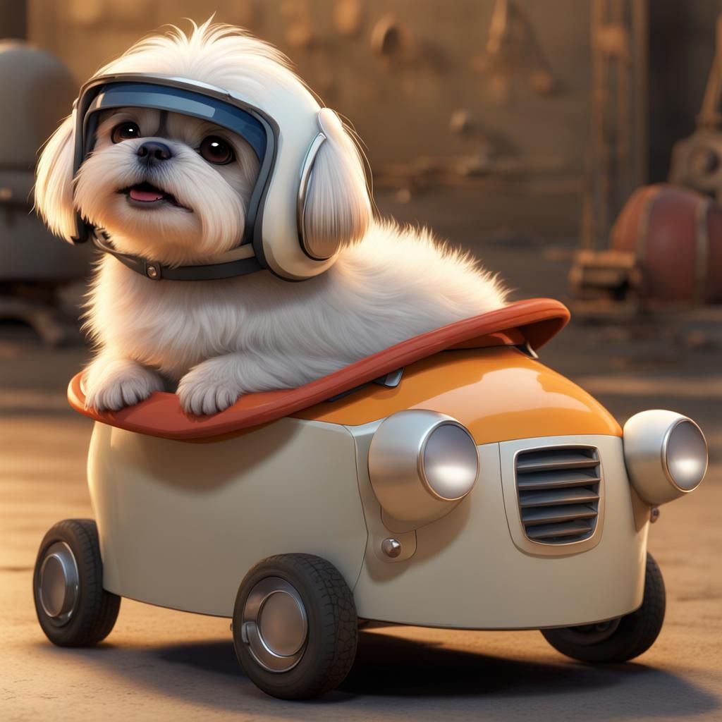 Cute Shih Tzu Puppy in Car: Pixar Style